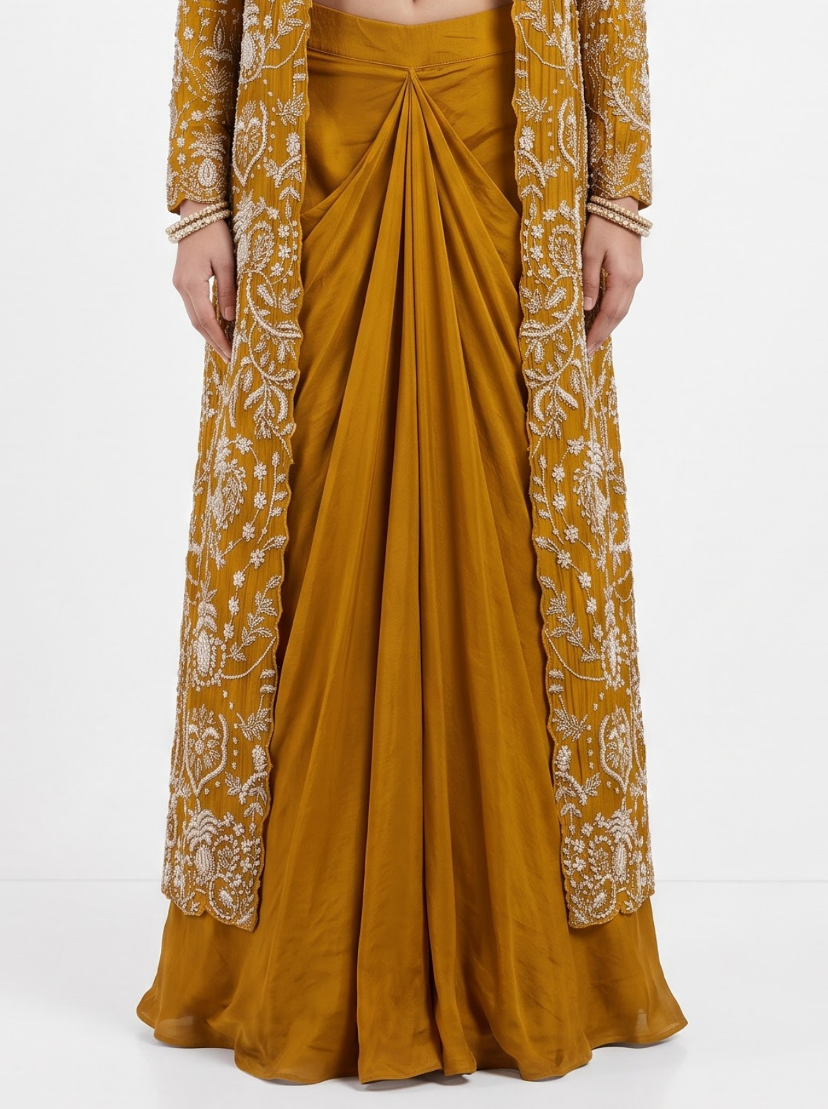 Mustard Chinon Indo Western with Cutdana and Pearl Embroidery 4